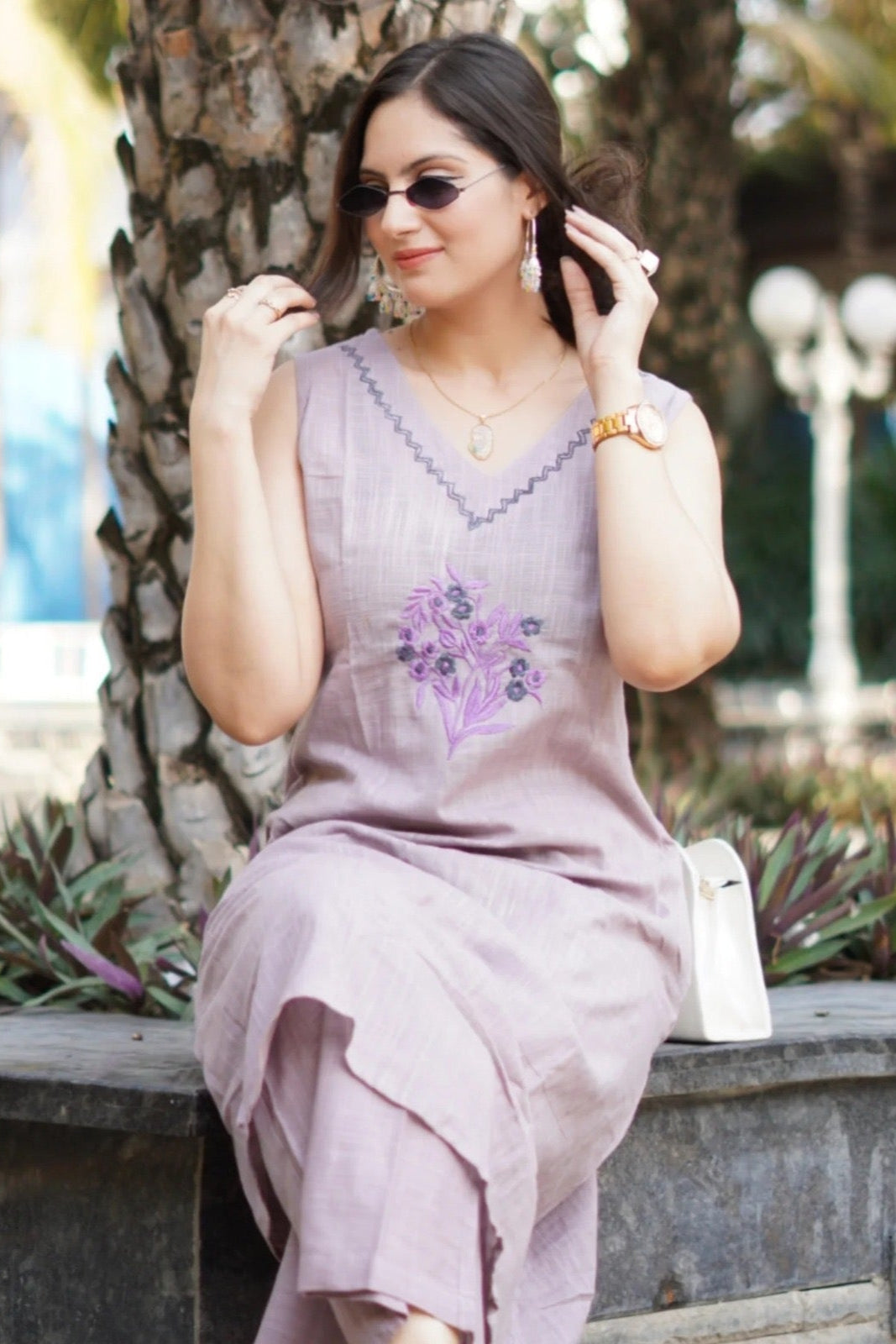 elegant purple suit with floral embroidary on cotton Co-Ord Set - Vastra Gehna