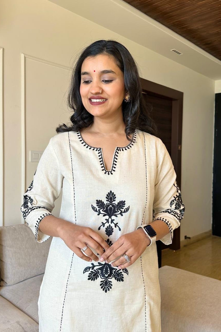 off white black floral Embroidered Cotton Co-Ord Set - Vastra Gehna