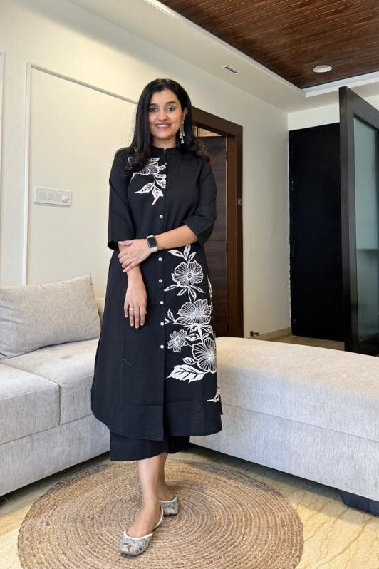 black suit with white embroidary Cotton Co-Ord Set - Vastra Gehna