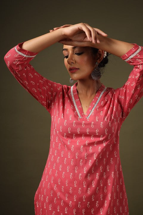 Our elegant pink printed kurta wih plazzo co-ord set - Vastra Gehna
