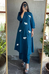 Our elegant designer printed work multicolours kurta with plazzo co-ord set pure cotton