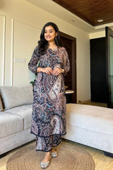 Our elegant designer printed work multicolours kurta with plazzo co-ord set pure cotton