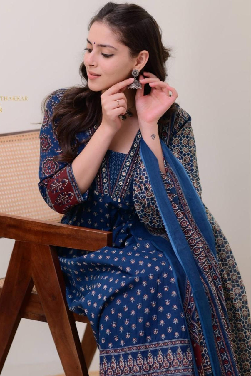 Our elegant designer printed work kurta & plazzo with dupatta co-ord set pure cotton - Vastra Gehna