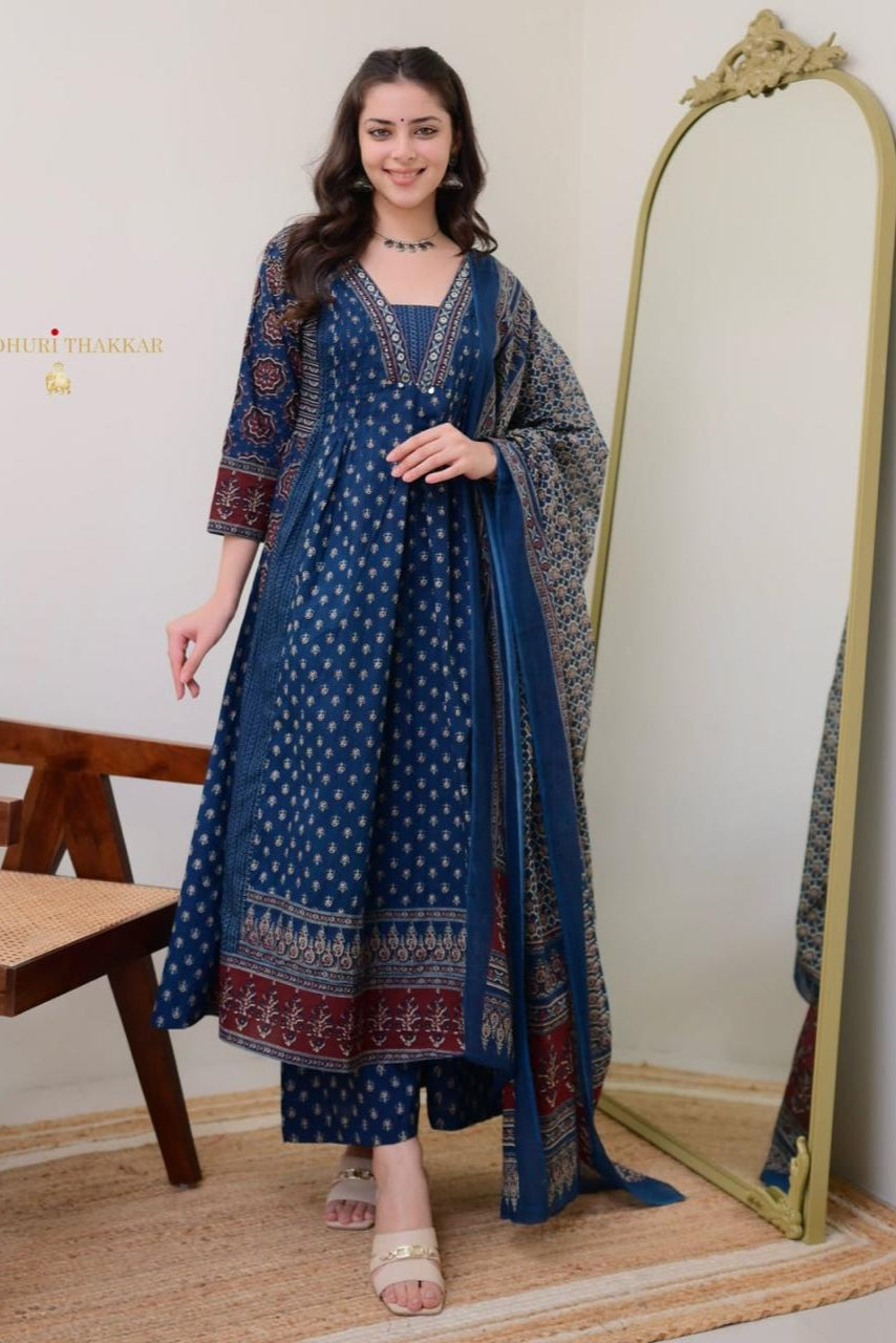 Our elegant designer printed work kurta & plazzo with dupatta co-ord set pure cotton - Vastra Gehna