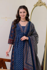 Our elegant designer printed work kurta & plazzo with dupatta co-ord set pure cotton - Vastra Gehna