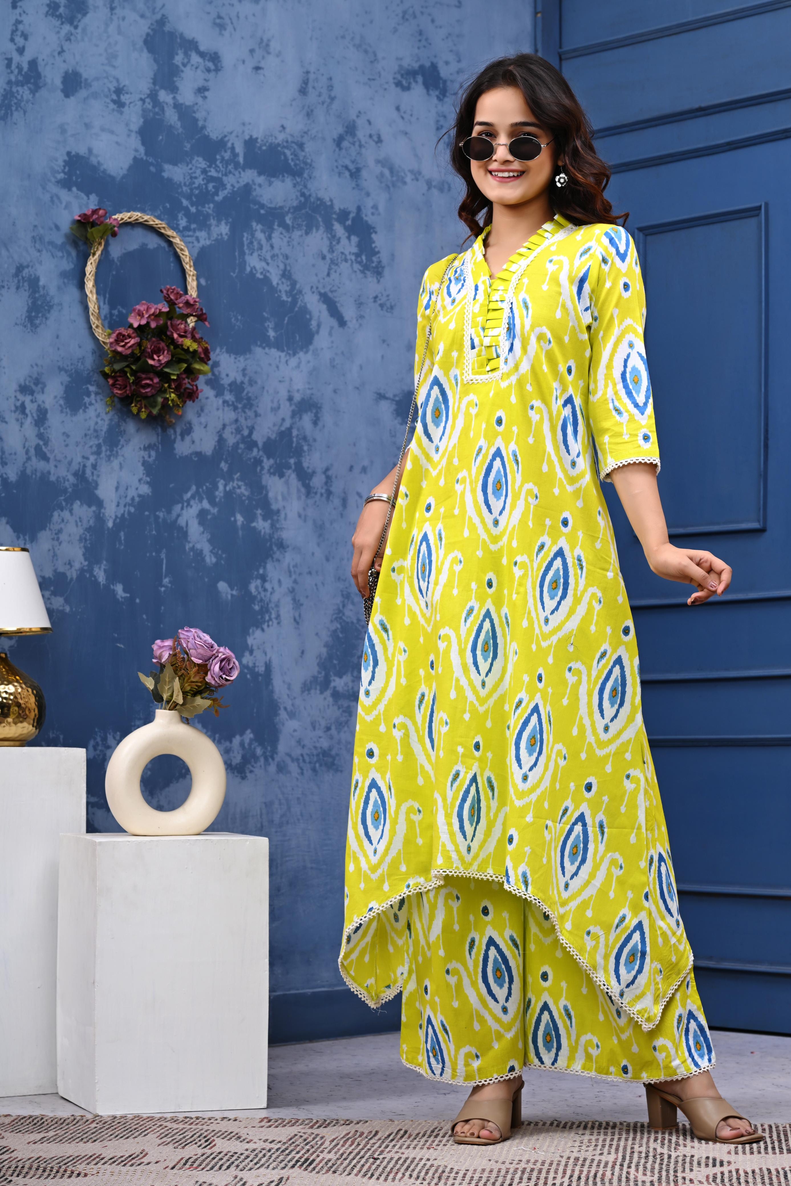 Our elegant designer printed work kurta with plazzo co-ord set pure cotton - Vastra Gehna