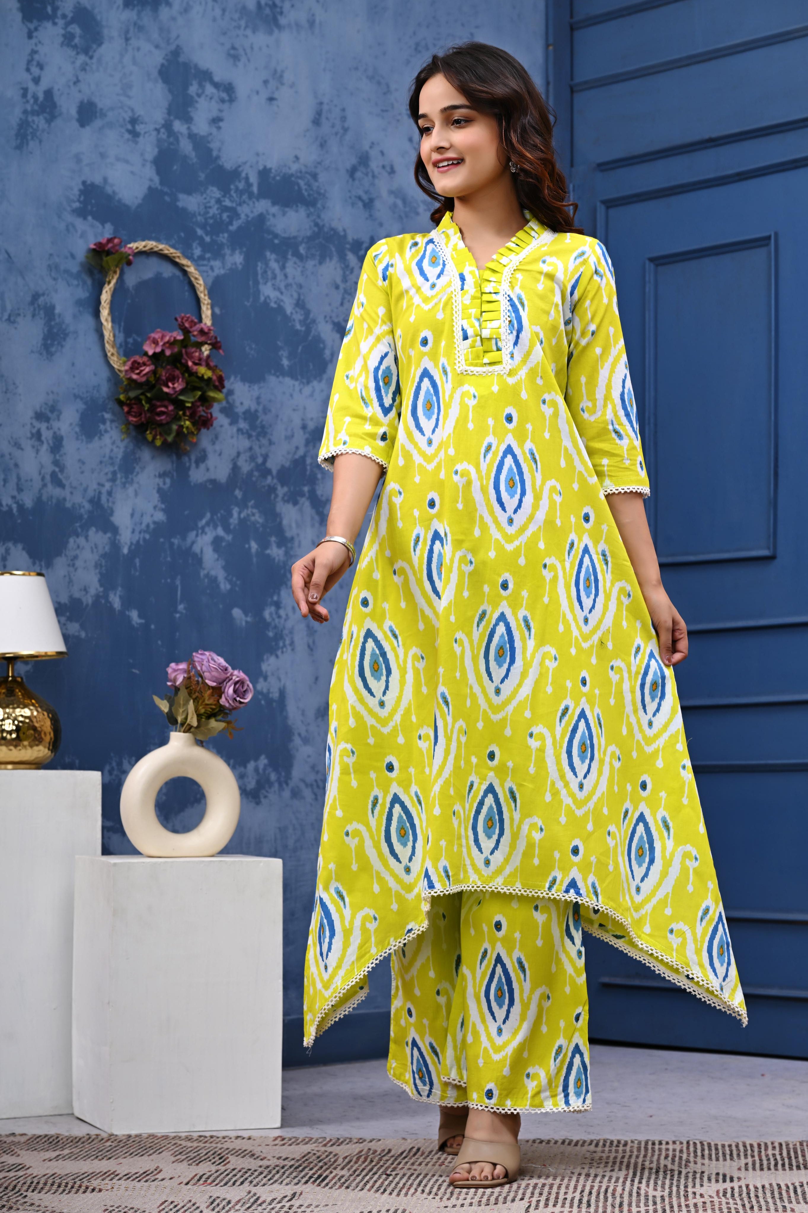 Our elegant designer printed work kurta with plazzo co-ord set pure cotton - Vastra Gehna