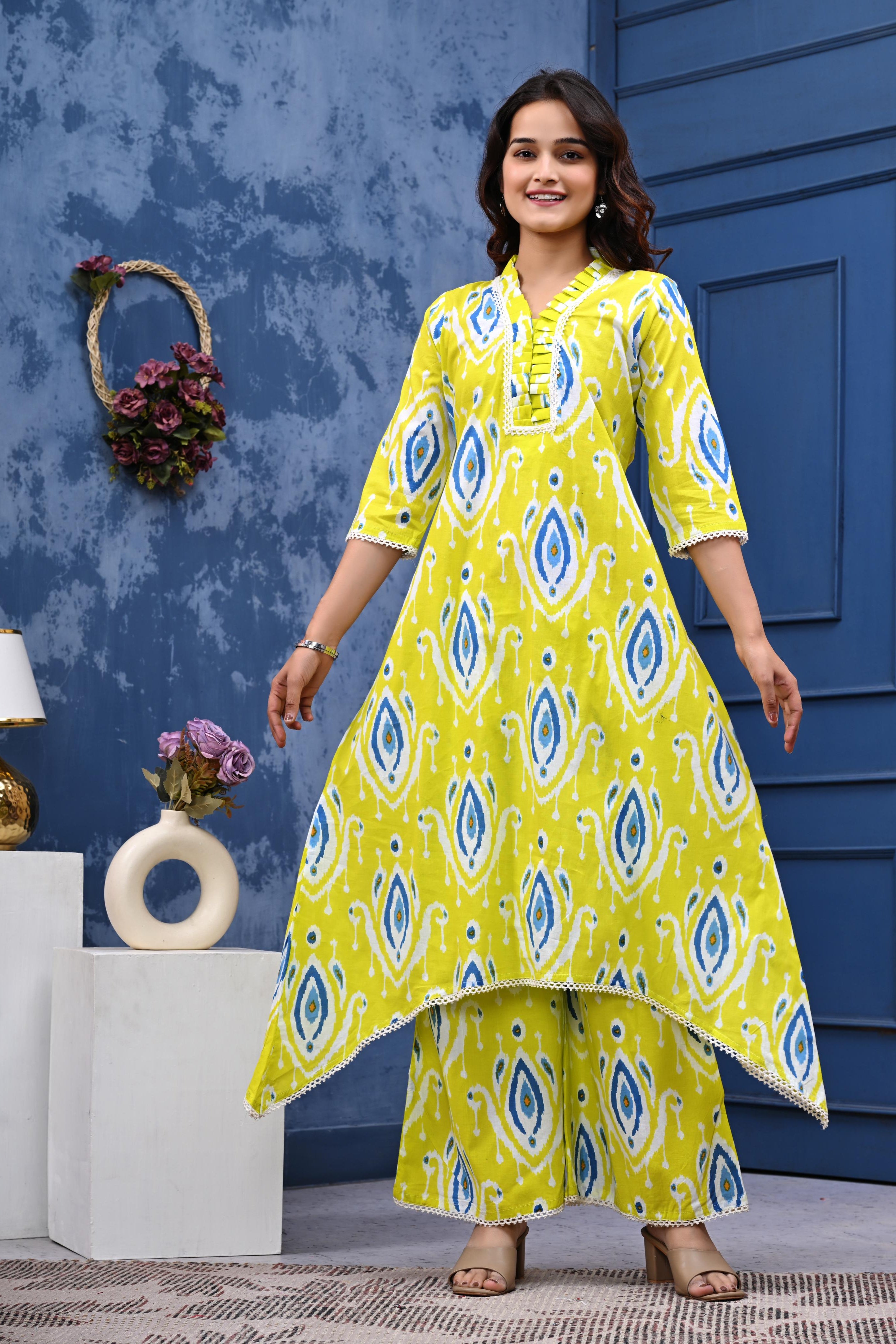 Our elegant designer printed work kurta with plazzo co-ord set pure cotton - Vastra Gehna