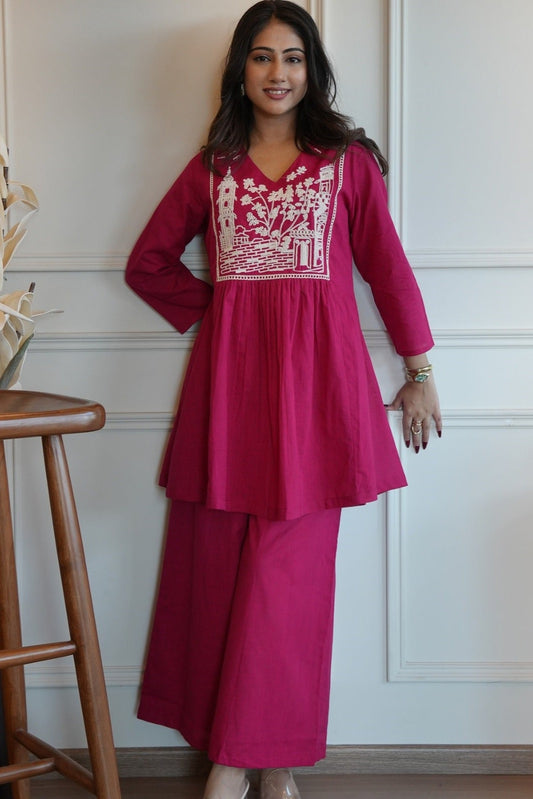 Our elegant designer kurta & plazzo co-ord set set pure cotton - Vastra Gehna