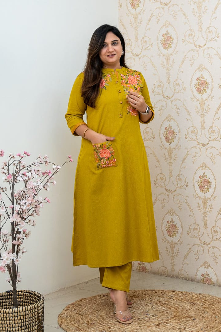 Our elegant designer Embroidary pocket style work kurta with plazzo co-ord set pure cotton - Vastra Gehna