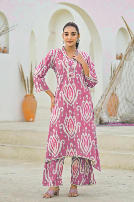 Our elegant designer printed work kurta with plazzo co-ord set pure cotton