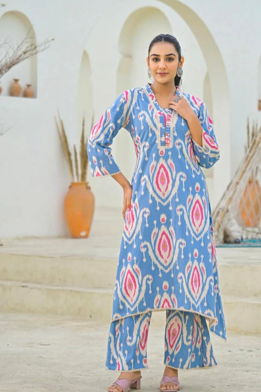 Our elegant designer printed work kurta with plazzo co-ord set pure cotton