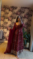 "Elegant Embroidered Sequence Designer Anarkali Three Piece Set"