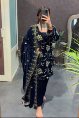:Pure Heavy Viscose Velvet With *Heavy Embroidery Multi Sequence Work* With Full Embroidery Sleeve