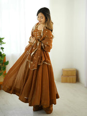 Crunchy Silk With Lace Border With Fully Flair Gown