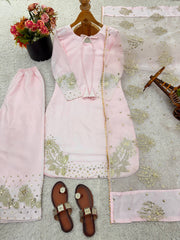 Presenting New Designer Collection In Natural Crep Silk Top-Bottom And Dupatta Set Fully Stitched Ready To Wear