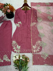 Presenting New Designer Collection In Natural Crep Silk Top-Bottom And Dupatta Set Fully Stitched Ready To Wear