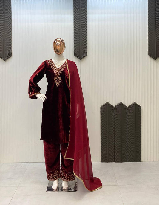 VELVET COLLECTION FOR THIS WINTER SEASON OUR EXCLUSIVE 3 PIECE PANT PAIR WITH SEQUENCE EMBROIDERY WORK