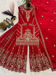 Pure Heavy Chinnon Silk With *Heavy Embroidery Coding Sequence Work* With Full Embroidery Sleeve