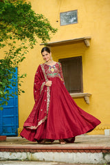 Vichitra Fabrics With Multi Thread & Zari Embroidered work Gown