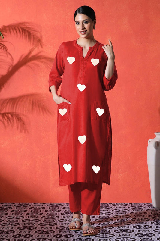 red suit with white heart print  on cotton Co-Ord Set - Vastra Gehna