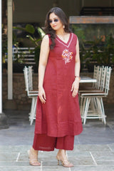 elegant mehroon suit with floral embroidary  on cotton Co-Ord Set - Vastra Gehna