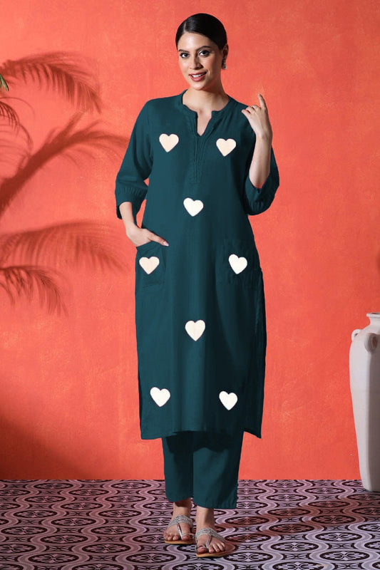 navy blue suit with white heart print  on cotton Co-Ord Set - Vastra Gehna