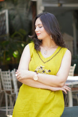 yellow bright suit with black floral  embroidary Cotton Co-Ord Set - Vastra Gehna