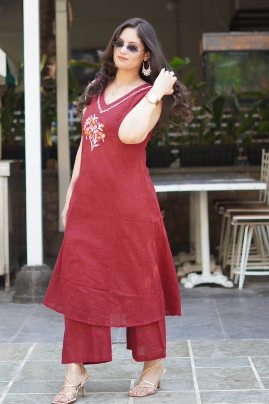 elegant mehroon suit with floral embroidary  on cotton Co-Ord Set - Vastra Gehna