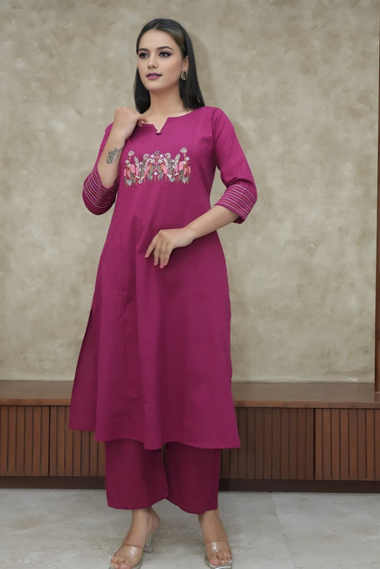 purple suit with floral embroidary  on cotton Co-Ord Set - Vastra Gehna