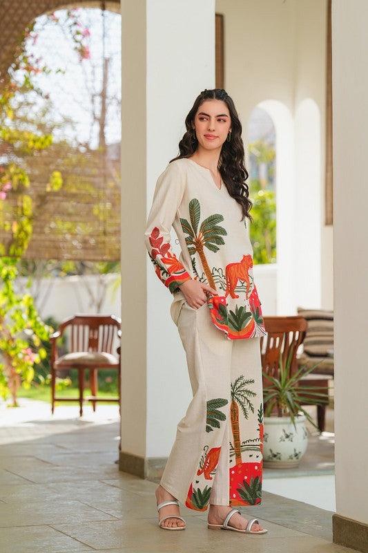 off white  printed Embroidered Cotton Co-Ord Set - Vastra Gehna