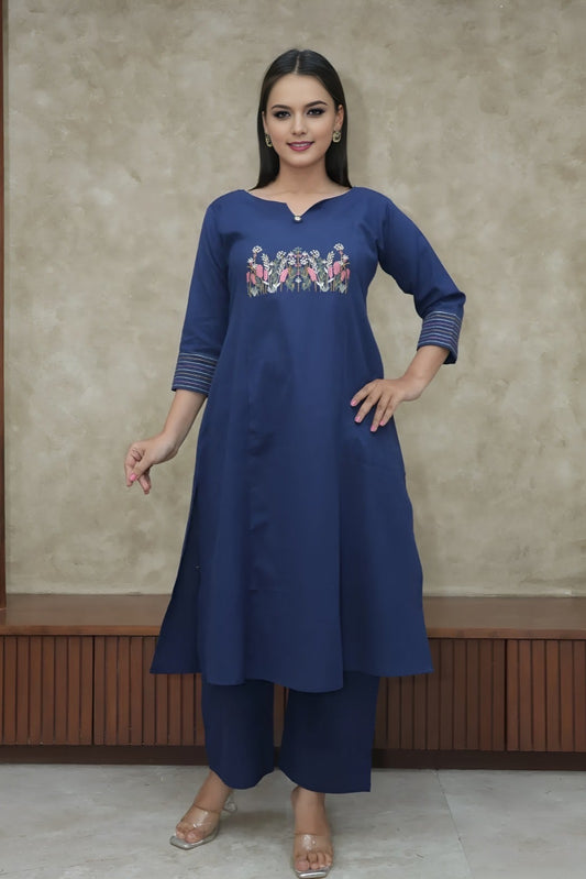 blue suit withfloral embroidary  on cotton Co-Ord Set - Vastra Gehna