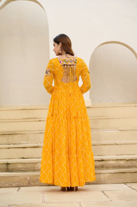 Fabrics & Work :- Bandhani Print work with kutchi patchework in Faux Georgette.