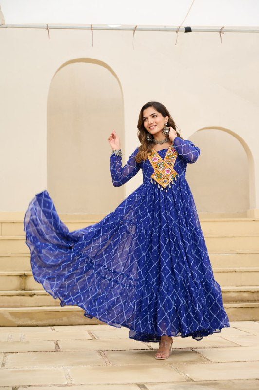 Fabrics & Work :- Bandhani Print work with kutchi patchework in Faux Georgette.