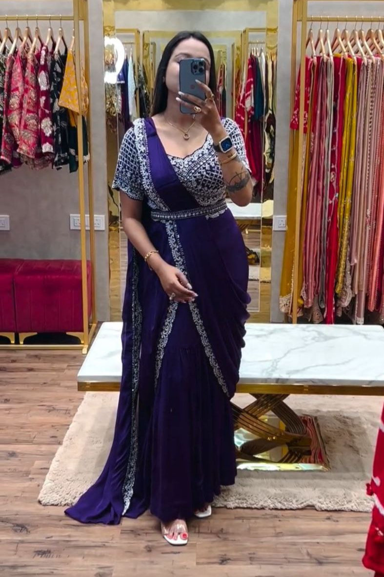 DESIGNER PARTY WEAR LAHENGA SAREE WITH STICH BLOUSE WITH EMBROIDERY WORK - Vastra Gehna