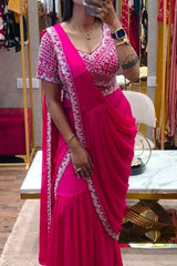 DESIGNER PARTY WEAR LAHENGA SAREE WITH STICH BLOUSE WITH EMBROIDERY WORK - Vastra Gehna
