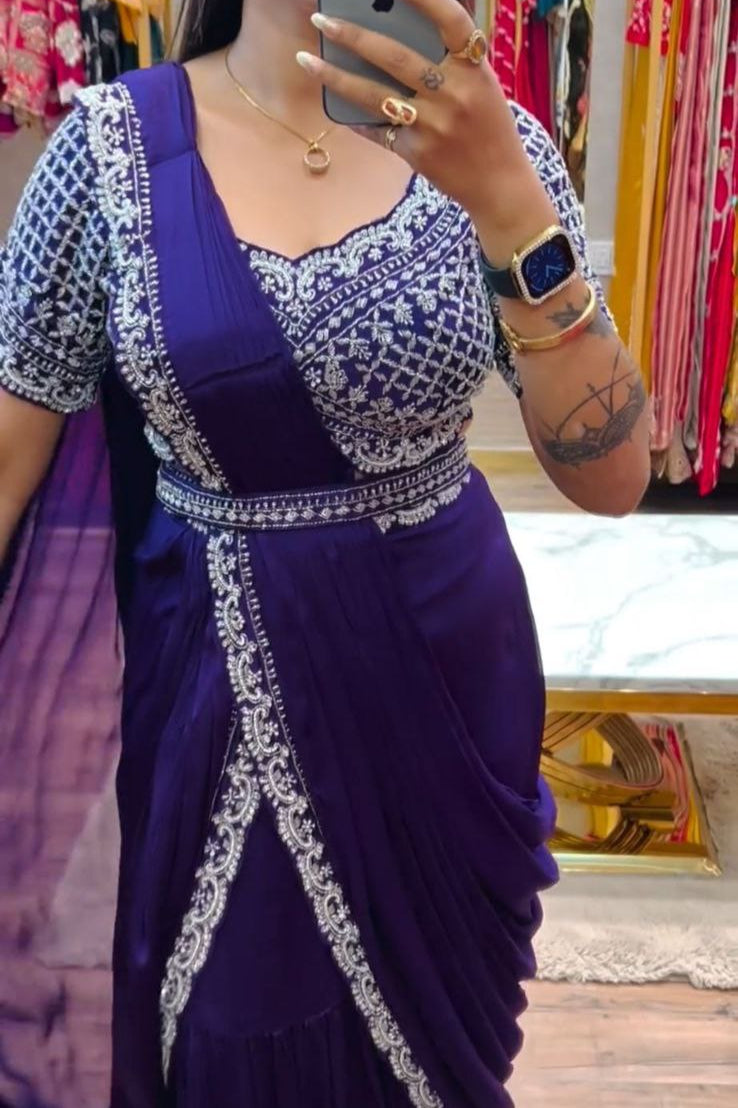 DESIGNER PARTY WEAR LAHENGA SAREE WITH STICH BLOUSE WITH EMBROIDERY WORK - Vastra Gehna
