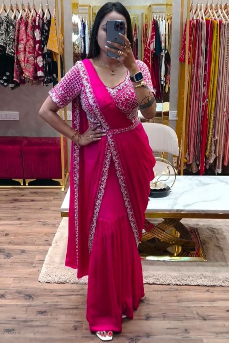 DESIGNER PARTY WEAR LAHENGA SAREE WITH STICH BLOUSE WITH EMBROIDERY WORK - Vastra Gehna