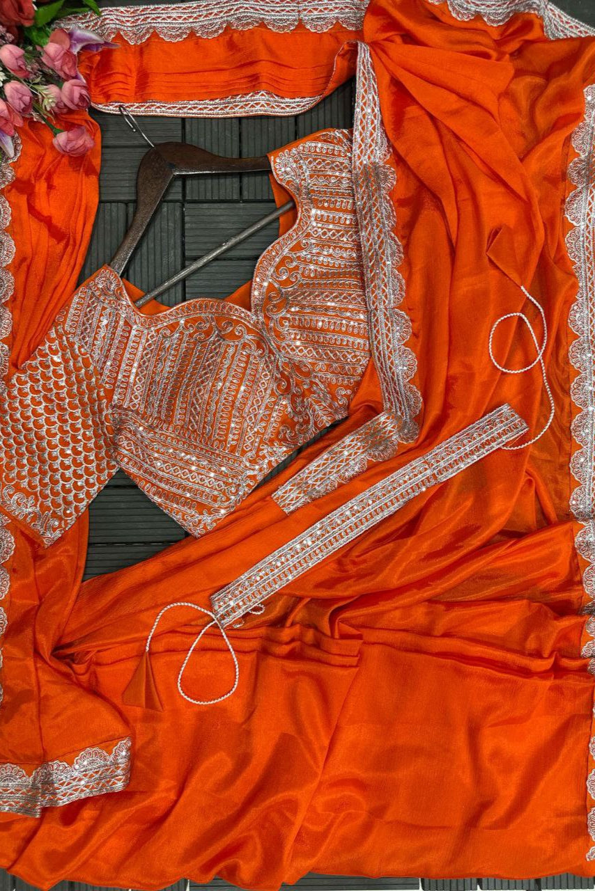 uper Trending Embroidery cording work ready to wear saree with Embroidery Blouse - Vastra Gehna