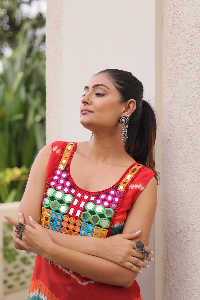 Bandhej Printed Georgette With Kutchi Gamthi Mirror & Codi lace work