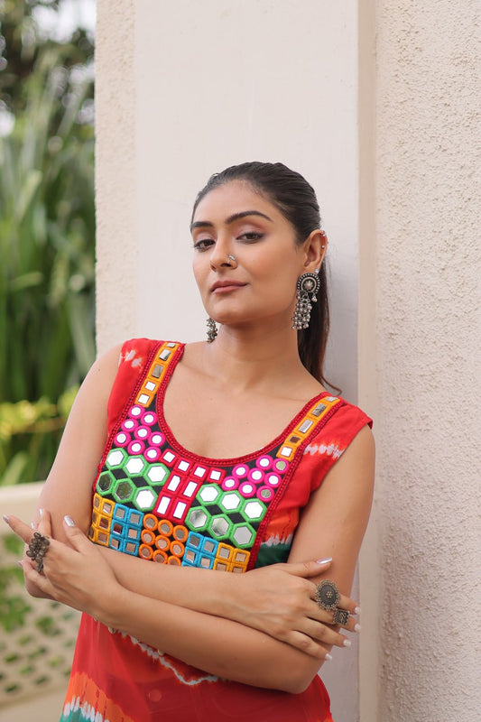 Bandhej Printed Georgette With Kutchi Gamthi Mirror & Codi lace work