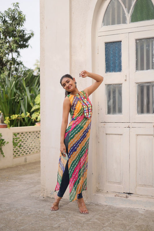 Bandhej Printed Georgette With Kutchi Gamthi Mirror & Codi lace work