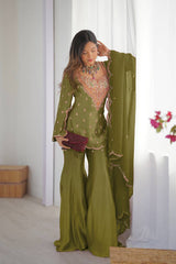 New Chinnon Silk With Heavy Embroidery Sequence Work Top-Plazo And Dupatta Set With Fully Stitched Ready To Wear Collection