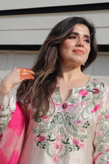 New Designer Collection In Natural Crep Silk Top-Bottom And Dupatta Set Fully Stitched Ready To Wear