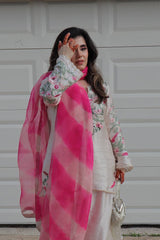 New Designer Collection In Natural Crep Silk Top-Bottom And Dupatta Set Fully Stitched Ready To Wear