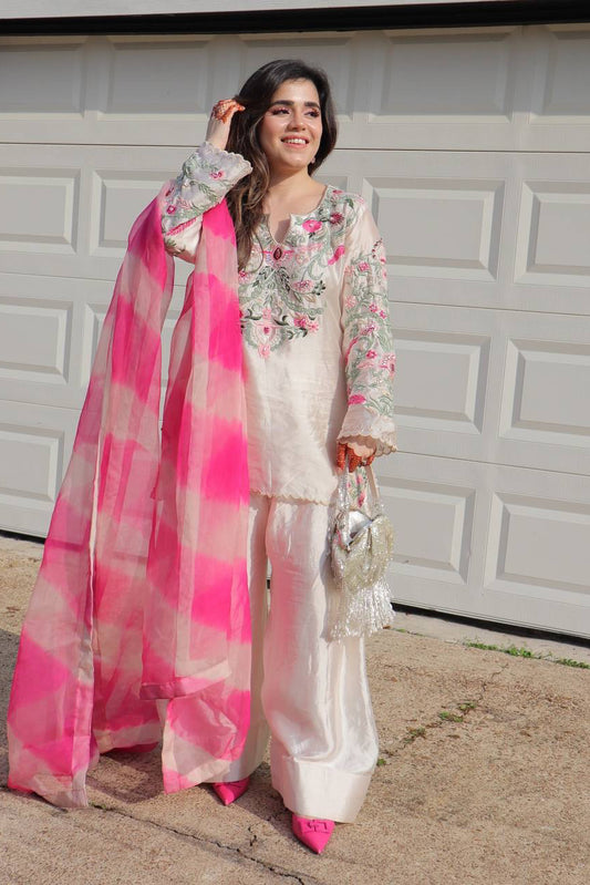 New Designer Collection In Natural Crep Silk Top-Bottom And Dupatta Set Fully Stitched Ready To Wear