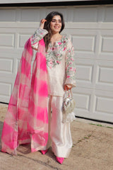 New Designer Collection In Natural Crep Silk Top-Bottom And Dupatta Set Fully Stitched Ready To Wear