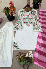 New Designer Collection In Natural Crep Silk Top-Bottom And Dupatta Set Fully Stitched Ready To Wear