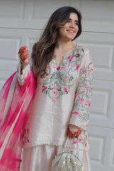 New Designer Collection In Natural Crep Silk Top-Bottom And Dupatta Set Fully Stitched Ready To Wear