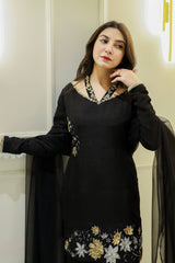 New Designer Collection In Natural Crep Silk Top-Bottom And Dupatta Set Fully Stitched Ready To Wear